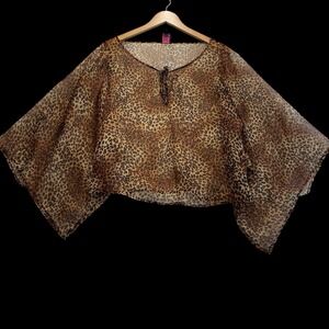 2b Bebe Leopard Print Sheer Y2K Batwing Sleeved Black‎ Brown Top Size L #501
